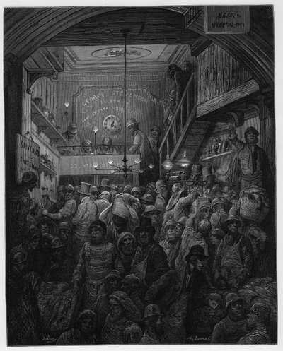 Billingsgate - Kalojen myynti crieessä. Louis Enaultin kuvitus Lontoosta, kuvittanut Gustave Dore tekijältä Gustave Dore