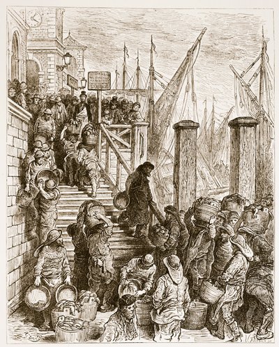 Billingsgate, Landing the Fish, "London, pyhiinvaellus", kirjoittanut William Blanchard Jerrold (1826-94) ja kaivertanut Hildibrand, pubi. 1872 tekijältä Gustave Dore