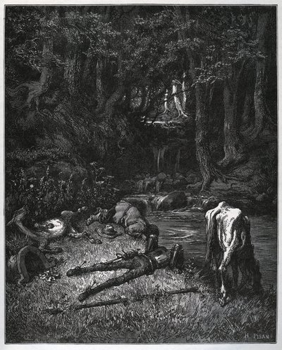 Bivouac metsässä - Paikan kauneudesta innostuneina he päättivät viettää siellä päiväunet - Miguel Cervantesin (1547-1616) "Don Quijote de la Mancha" (Don Quijote) - Puupiirros piirtämisen jälkeen Gustave Dore tekijältä Gustave Dore