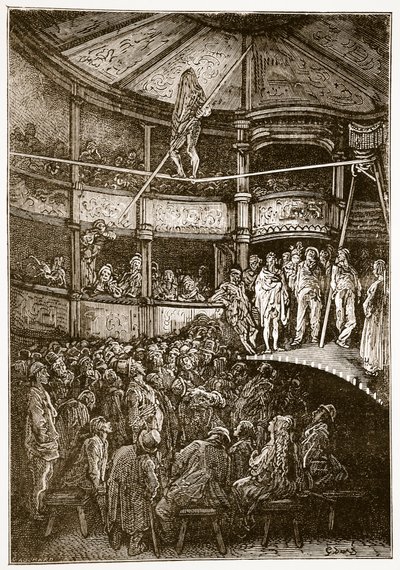 Blondin at Shoreditch, "Lontoo, pyhiinvaellus", kirjoittanut William Blanchard Jerrold (1826-94) ja kaivertanut Gauchard, pubi. 1872 tekijältä Gustave Dore