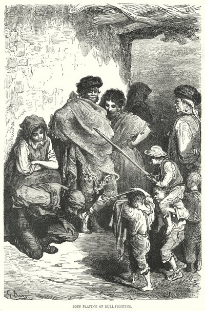 Pojat leikkivät härkätaistelua (kaiverrus) tekijältä Gustave Dore