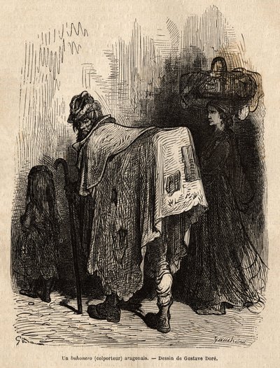 Buhonero, aragonialainen kauppias. Gustave Doren (1832-1883) piirustus. Kaiverrus havainnollistamaan matkaa Espanjassa, Charles Davillier, vuonna 1862, julkaistu "" Le tour du monde""" 1872, toimittanut Edouard Charton, Hachette painos, Pariisi. Selva Coll tekijältä Gustave Dore