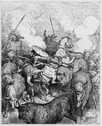 Härkätaistelu, Miguel Cervantesin "Don Quijote de la Mancha", kaiverrus Heliodore Joseph Pisan, n. 1875 tekijältä Gustave Dore