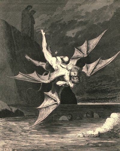 Mutta toinen osoittautui haukkaksi... ja kiehuvassa järvessä molemmat putosivat, 1890. tekijältä Gustave Dore