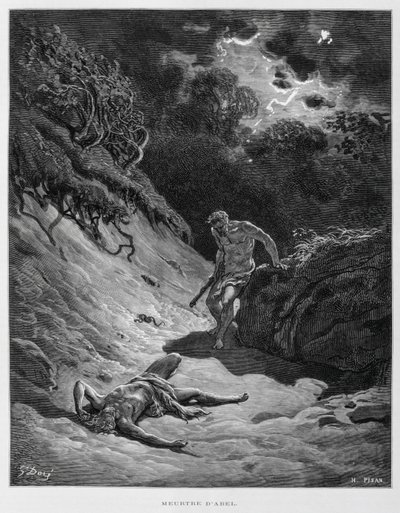 Kain tappaa veljensä Aabelin, kuvitus Doren Raamatusta. tekijältä Gustave Dore