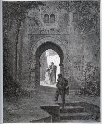 Vangitseva tarina. Vangin ensimmäinen kohtaaminen Zoraiden kanssa isän puutarhassa, joka tuo hänet takaisin pahoinvointinsa jälkeen Miguel Cervantesin "Don Quijote de la Manchasta" tekijältä Gustave Dore