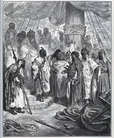 Vangitseva tarina. Arabien leikkaama Pagano Dorian pää - Arabit leikkasivat hänen päänsä ja kantoivat sen Turkin laivaston kenraalille - Miguel Cervantesin (1547-1616) "Don Quijote de la Mancha" (Don Quijote) - Puupiirros piirtämisen jälkeen Gustave Dore tekijältä Gustave Dore