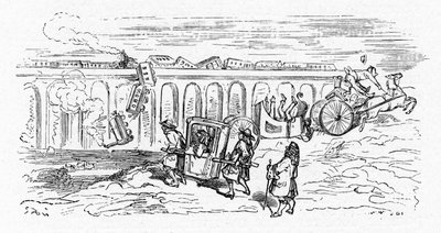 Gustave Doren piirroskuva "modernista" liikenteestä noin 1850:2 junaa törmää toisiinsa ja matkustajajuna suistuu raiteilta ja putoaa sillan päältä; vaunu on jaettu kahtia ja kaatuu sitä vetävän hevosen pakattua; vain pyörätuoli s tekijältä Gustave Dore