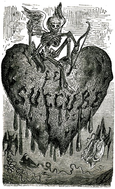 Gustave Doren (1799-1850) Honore de Balzacin (1855) Drolatic Tales -teokseen (1855) tekemä luvun pääkuvitus: succubus (vampyyri) - luuranko, kuolema, sydän, veri- tekijältä Gustave Dore