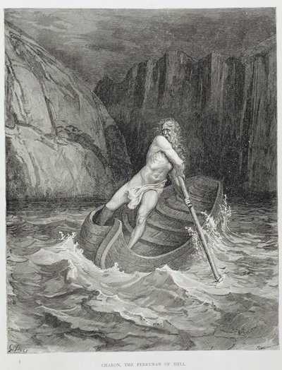 Charon, Helvetin lauttamies, Dante Alighierin (1265-1321) jumalallisesta komediasta (Inferno), kaiverrus Stephane Pannemaker (1847-1930) n. 1868 tekijältä Gustave Dore