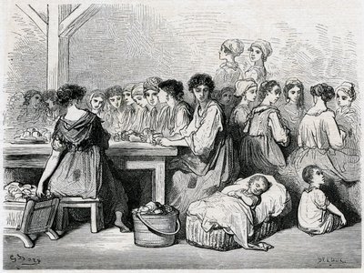 Sevillan sikarit. Sikarien, työläisten, tupakan valmistus. Gustave Doren piirros, joka havainnollistaa Charles Davillierin "" Voyage en Espagne -teosta". tekijältä Gustave Dore
