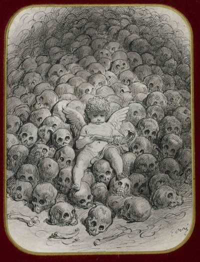 ""Amor aseistettu pistoolilla, joka istuu kallovuorella"" (Cupid with a Pistol on Top of a Skull) Muste ja piirros Gustave Doren (1832-1883) Yksityinen kokoelma tekijältä Gustave Dore