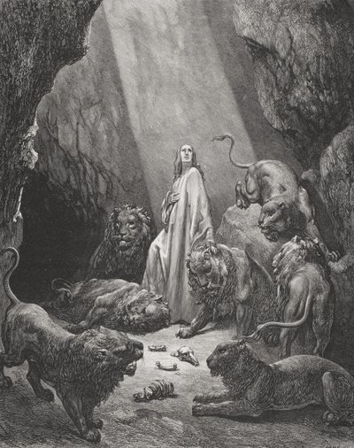 Daniel leijonien luolassa, Daniel 6:16-17, kuva Doren 