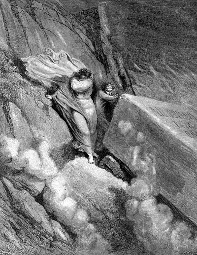 Dante ja Virgil kuilun reunalla, josta haihtui haiseva haju, 1863 tekijältä Gustave Dore