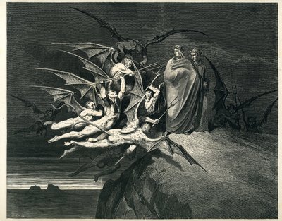 Dante ja Vergilius kohtaavat demonit. Kaiverrus Dante Alighierin teoksesta The Hell (Divine Comedie), jonka on kuvittanut Gustave Dore. Ranskalainen painos vuodelta 1861. "... Nessun di voi sia fello! (Älköön kukaan teistä olko kapinallinen!)" , chant 21,  tekijältä Gustave Dore
