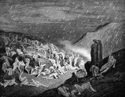 Dante ja Virgil katsovat alas sieluihin, jotka ovat piinassa helvetissä, 1863 tekijältä Gustave Dore