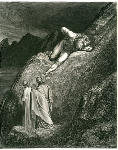 Dante ja Vergilius kohtaavat Minotauroksen. Kaiverrus Dante Alighierin teoksesta The Hell (Divine Comedie), jonka on kuvittanut Gustave Dore. Ranskalainen painos vuodelta 1861. "E in su la punta della rotta lacca/L