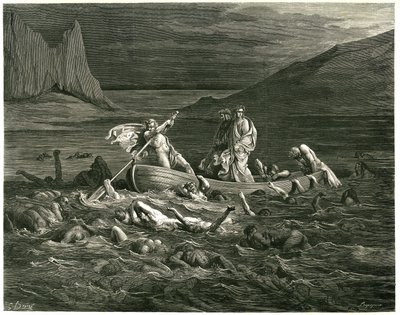 Dante ja Vergilius purjehtivat Nocher Phlegyaksen johdolla Styx-joella, jossa kahlaavat damnit, jotka yrittävät kiivetä veneeseen. Kaiverrus Dante Alighierin teoksesta The Hell (Divine Comedie), jonka on kuvittanut Gustave Dore. Ranskalainen painos vuodelt tekijältä Gustave Dore