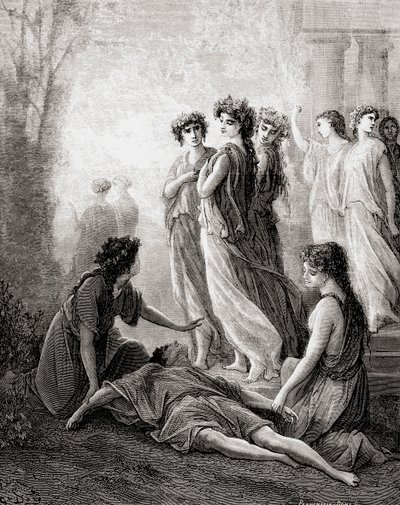 Daphnis et Alcimadure, 1800-luvun lopun Fables de La Fontainen painoksesta (puukaiverrus) tekijältä Gustave Dore