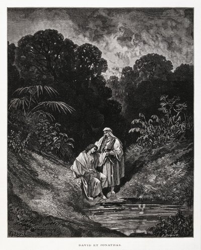 Daavid ja Joonatan, Israelin kuningaskunnan sankarihahmot, jotka solmivat ystävyyssopimuksen, joka on kirjattu Samuelin kirjoihin, kuvitus Doren Raamatusta. tekijältä Gustave Dore