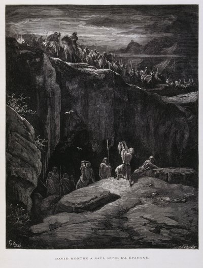 Daavid tarjoaa miekkansa uskollisuutensa osoituksena Saulille, Israelin kuninkaalle, kuvitus Dore Bible -teoksesta. tekijältä Gustave Dore
