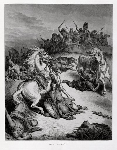 Israelin kuningas Saulin kuolema, kuvitus Doren Raamatusta. tekijältä Gustave Dore