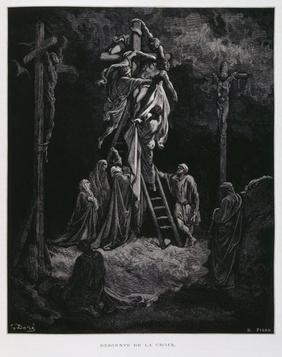 Laskeutuminen ristiltä, Kristuksen laskeutuminen, kuvitus Doren Raamatusta. tekijältä Gustave Dore