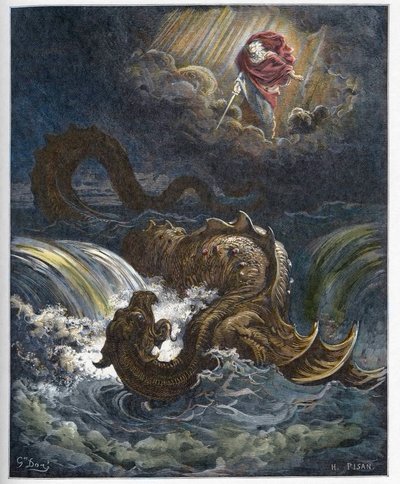 Leviatanin tuhoaminen - Vanhan testamentin merihirviön, Leviathanin, tuhoaminen - kaiverrus Gustave Doren (1832-1883) "" The Bible illustree -kirjaan" - Kaiverrus "" Dore Biblesta"" tekijältä Gustave Dore