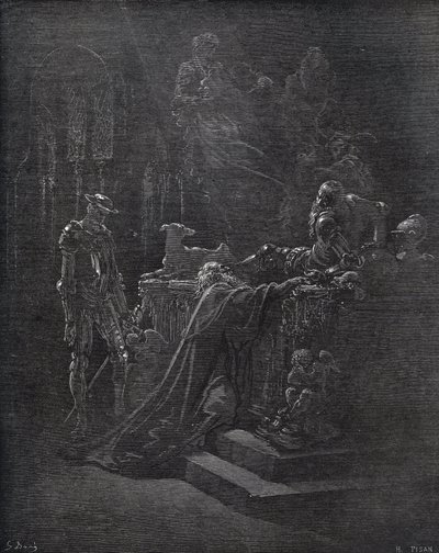 Don Quijote, Montesinos ja Durandarte, Montesinoksen luolassa - Miguel Cervantesin (1547-1616) Don Quijote de la Manchasta (Don Quijote) - Gustave Doren piirtämän puupiirros tekijältä Gustave Dore