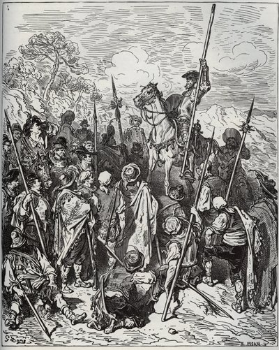 Don Quijote ja Sancho kyläläisten laivueen kanssa - Miguel Cervantesin (1547-1616) "Don Quijote de la Mancha" (Don Quijote) - Gustave Doren piirtämän puupiirros tekijältä Gustave Dore