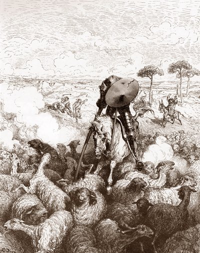Don Quixot hyökkää lammaslaumaa vastaan ​​Gustave Doren (1832-1883) kaiverrus Miguel de Cervantesin (1547-1616) "The Ingenieux Hidalgo Don Quijote de la Mancha (Quixotte - Quijote)" 1863 Yksityinen kokoelma tekijältä Gustave Dore
