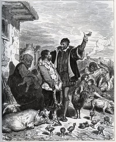 Don Quijote uskoo naapurinsa Sancho Panzan ostajakseen - Miguel Cervantesin "Don Quijote de la Manchasta" tekijältä Gustave Dore