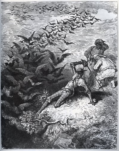 Don Quijote a la cave de Montesinos - Montesinoksen luolasta lentää ääretön määrä variksia ja varkia, jotka kaatavat Don Quijoten maahan (II, 22) - Miguel Cervantesin (1547-) "Don Quijote de la Manchasta" 1616) (Don Quijote) - Puupiirros piirtämisen jälkee tekijältä Gustave Dore