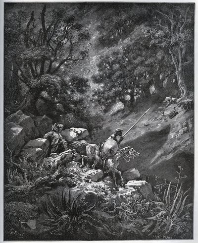 Don Quijote ja Sancho Panza jatkavat matkaansa Sierra Morenassa etsimään Deguenille-de-la-Malaise-kaivosta - Miguel Cervantesin (1547-1616) "Don Quijote de la Mancha" (Don Quijote) - Puupiirros piirustuksen jälkeen Gustave Dore tekijältä Gustave Dore