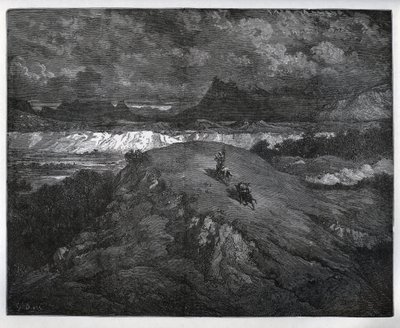 Don Quijote ja Sancho Panza jatkavat seikkailujaan vuoristoisella alueella, Sierra Morena - Miguel Cervantesin (1547-1616) "Don Quijote de la Mancha" (Don Quijote) - Gustave Doren piirtämän puupiirros tekijältä Gustave Dore