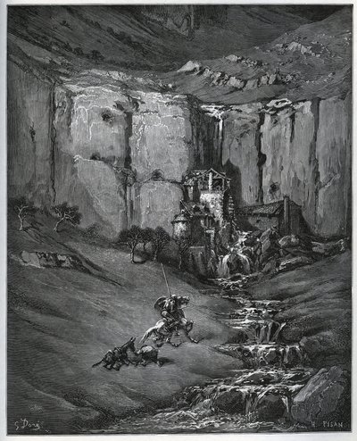 Don Quijote ja Sancho Panza saavat selville, mikä aiheutti heidän huolensa, vesiputous ja mylly ja foulon - Miguel Cervantesin (1547-1616) "Don Quijote de la Mancha" (Don Quijote) - Gustave Doren piirtämän puupiirros tekijältä Gustave Dore