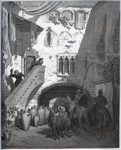 Don Diego de Mirandan kotiin kutsumat Don Quijote ja Sancho Panza toivottavat herrasmiehen vaimo ja poika tervetulleiksi - Miguel Cervantesin (1547-1616) "Don Quijote de la Manchasta" (Don Quijote) - Gustaven piirtämän puupiirros Dore tekijältä Gustave Dore