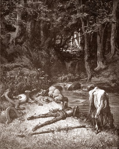 Don Quijote ja Sancho Panza virkistävät niitä purossa Gustave Doren (1832-1883) kaiverrus Miguel de Cervantesin (1547-1616) "L