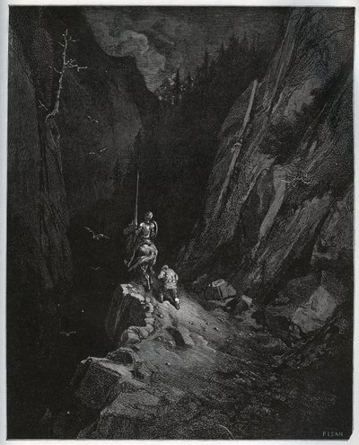 Don Quijote ja Sancho Panza uppoavat Sierra Morenaan - Miguel Cervantesin (1547-1616) "Don Quijote de la Manchasta" (Don Quijote) - Gustave Doren piirtämän puupiirros tekijältä Gustave Dore