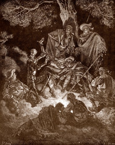 Don Quijote ja Sancho Panza vuohipaimenten kanssa Gustave Doren (1832-1883) kaiverrus Miguel de Cervantesin (1547-1616) "L