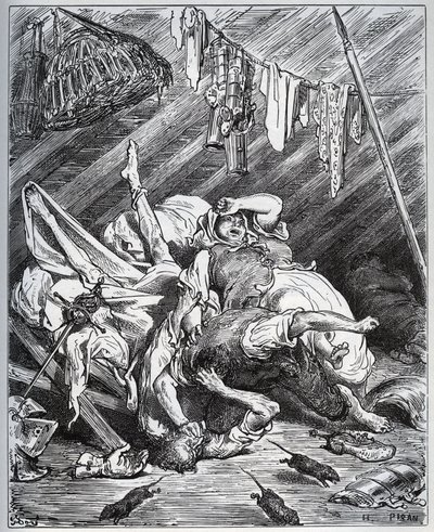 Don Quijote ja muulintekijä taistelevat Maritornesin, taloudenhoitajan puolesta, jonka Don Quijote ottaa Dulcineekseen - Miguel Cervantesin (1547-1616) "Don Quijote de la Manchasta" (Don Quijote) - Gustave Doren piirtämän puupiirros tekijältä Gustave Dore
