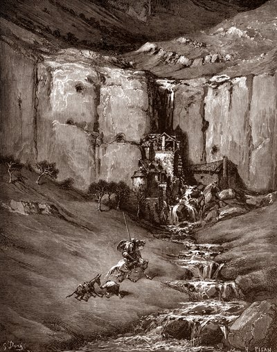 Don Quijote ja sancho Panza näkevät vesiputouksen ja meluisia kohoja (Don Quijote ja sancho Panza näkevät vesiputouksen ja meluisia kohoja) Gustave Doren (1832-1883) kaiverrus teokseen "The Ingenieux Hidalgo Don Quijote de la Mancha (Quixotte - Quijote)" M tekijältä Gustave Dore