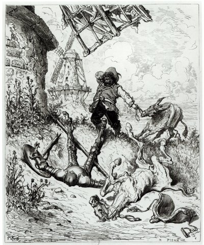 Don Quijote ja tuulimyllyt, Miguel Cervantesin (1547-1616) Don Quijote de la Manchasta, kaivertanut Heliodore Joseph Pisan (1822-90) tekijältä Gustave Dore
