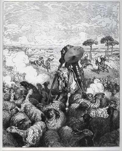 Don Quijote hyökkää lammaslauman kimppuun uskoen, että hän oli tekemisissä Taprobanan Alibanfaronin armeijan kanssa - Miguel Cervantesin (1547-1616) "Don Quijote de la Mancha" (Don Quijote) - Gustave Doren piirtämän puupiirros tekijältä Gustave Dore
