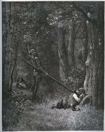 Don Quijote herättää Sancho Panzan - Miguel Cervantesin "Don Quijote de la Manchasta" tekijältä Gustave Dore