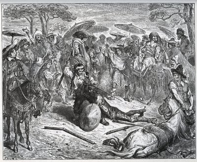 Don Quijote lyöty keskellä kauppiasryhmää - Muulintekijä oli saanut maistaa pelistä - Miguel Cervantesin "Don Quijote de la Manchasta" tekijältä Gustave Dore