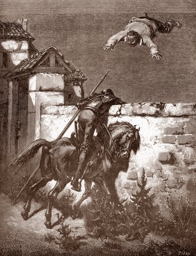 Don Quijote ei pysty pysäyttämään Sancho Pancan kantoraketteja, jotka saavat hänet pomppimaan huovalla (Don Quijoten huomautukset eivät vaikuta heittäjiin) Gustave Doren (1832-1883) kaiverrus kappaleeseen "L