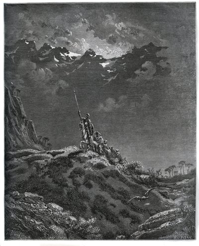 Don Quijote lähtee lähetystyöhön Dorotheelle, mukana parturi Sancho Panza, Dorothee, parturi ja Cardenio - Miguel Cervantesin (1547-1616) "Don Quijote de la Manchasta" (Don Quijote) - Gustave Doren piirtämän puupiirros tekijältä Gustave Dore