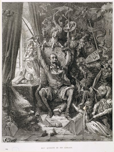 Don Quijote kirjastossaan, kaiverrus Heliodore Joseph Pisan (1822-90) n. 1868 tekijältä Gustave Dore