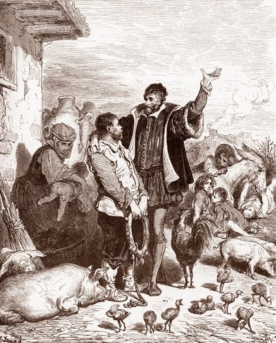 Don Quijote suostuttelee naapurinsa Sancho Panzan ryhtymään hänen orjaansa lupaamalla tehdä hänestä jonkin valloitetun saaren kuvernöörin Gustave Doren (1832-1883) kaiverrus "L